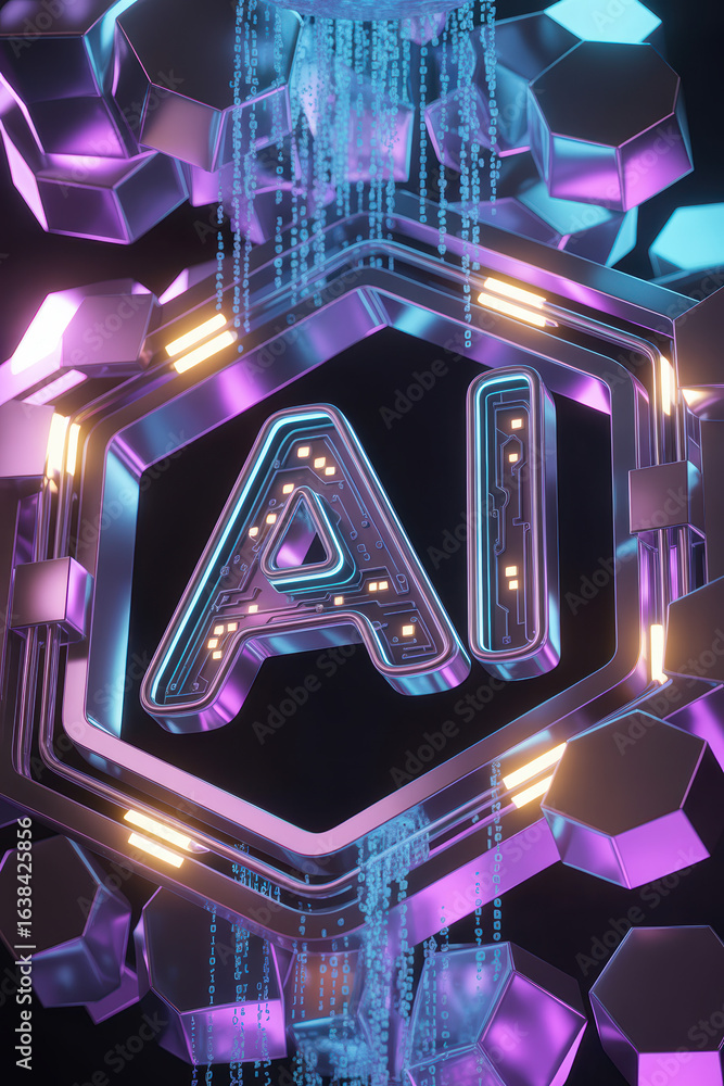 Poster futuristic ai technology design with neon glow and abstract hexagonal shapes in vibrant colors