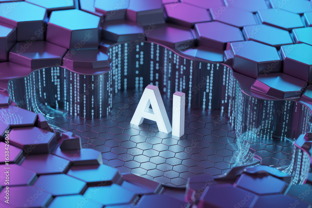 Poster futuristic ai concept with neon hexagons and digital data streams in a vivid purple and blue color p