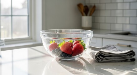 Glass bowl filled with fresh strawberries and blueberries on a bright kitchen counter. Sunlight streams through a window
