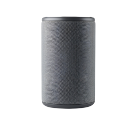 Gray speaker presents mesh texture on a transparent background for product display and branding.