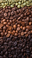 Obraz premium Various coffee bean roast levels displayed in colorful bands, green unroasted to dark brown roasted beans, coffee roasting spectrum, top-down perspective, agricultural product showcase.
