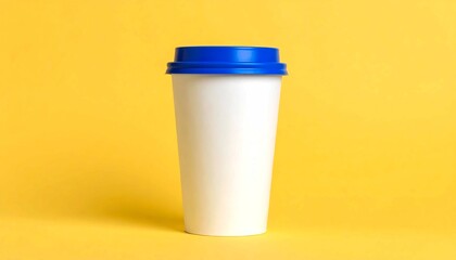 Blank white travel mug mockup with a vibrant blue lid against a yellow background, a versatile template for showcasing branding, coffee shop logos, or custom design projects