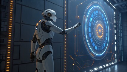 A humanoid robot interacting with a futuristic interface in a high tech environment setting