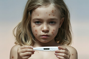 Concerned Young Girl Holding Thermometer with Skin Rash in Soft Natural Light