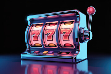 Vibrant 3D Slot Machine with Jackpot 777 Symbols and Glossy Finish in Neon-Lit Setting