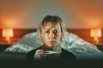Concerned Woman Checking Fever with Thermometer in Dimly Lit Bedroom with Soft Ambient Light
