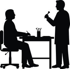 Patient consulting doctor silhouette medical office healthcare professional diagnosis treatment conversation sitting desk clinic physician healthcare consultation medical appointment discussion vector
