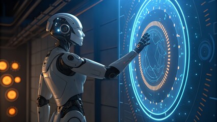 A humanoid robot interacts with a futuristic interface with glowing circular elements around the screen