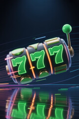 Exciting Neon Green Slot Machine Spinning with Jackpot 777 Symbols on a Futuristic Background