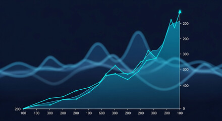 Abstract teal graph line on dark blue background, showing upward trend, representing growth, progress, and success in business or finance