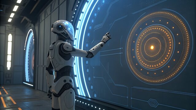 A futuristic robot interacting with a glowing interface in a corridor of a spaceship or station