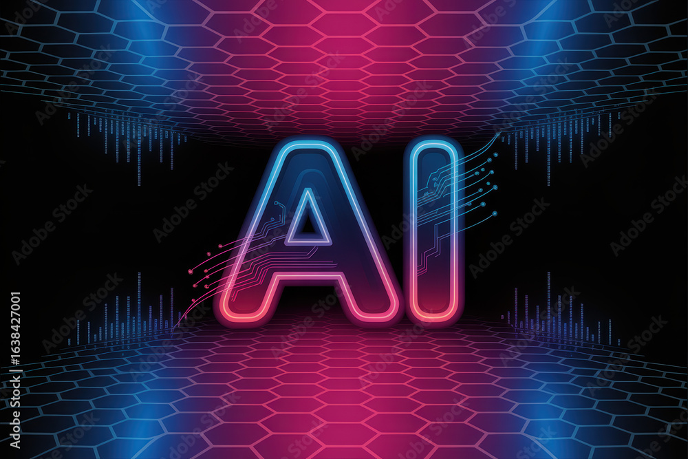 Poster futuristic neon ai display in vibrant pink and blue glow with hexagonal patterns