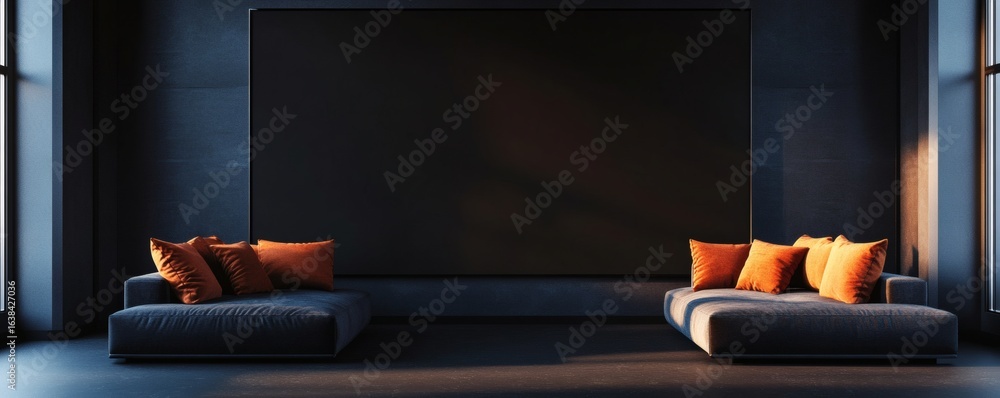 Poster Dark modern interior with low sofas and an empty large canvas.