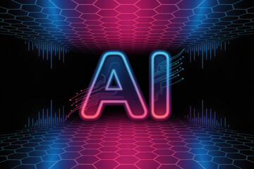 Futuristic Neon AI Display in Vibrant Pink and Blue Glow with Hexagonal Patterns