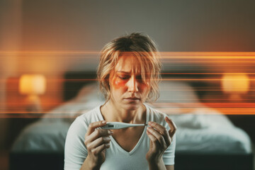Concerned Woman Checking Temperature at Home with Soft Lighting and Warm Ambiance