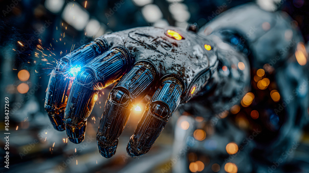 Aufkleber futuristic robotic hand creating sparks. science fiction concept for future technology or an artific