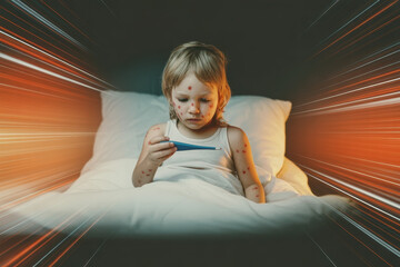 Concerned Child in Bed with Fever, Illuminated by Warm Light and Characterized by Spotty Skin