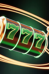 Winning Slot Machine with Glowing 777 Symbols in Dynamic Green and Gold Design
