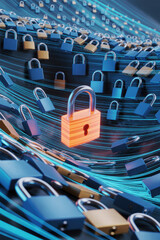 Secure Digital Landscape with Orange Highlighted Lock Amidst Sea of Blue Locks and Flowing Data Streams