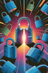 Dynamic Colorful Illustration of Unlocking Potential with Vibrant Blue Padlocks and Radiant Background