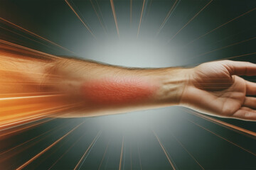 Dynamic Energetic Burst on Human Arm with Dramatic Red Glow and Radiating Light Effects