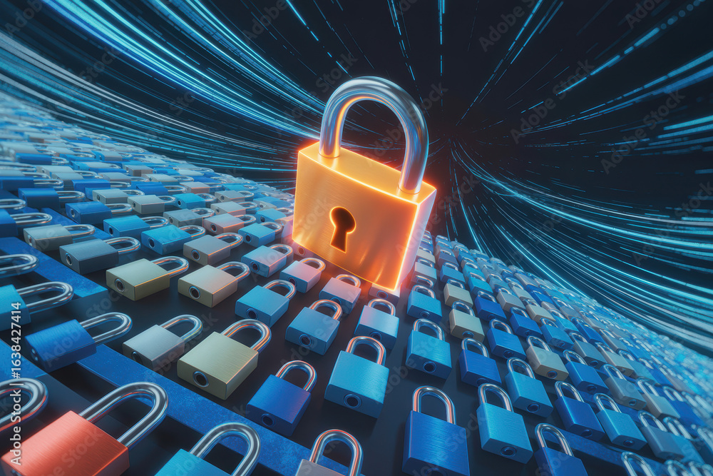 Poster futuristic secure data network with neon lock surrounded by blue and cyan locks in digital landscape