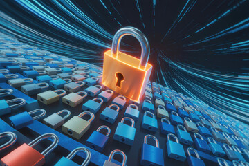 Futuristic Secure Data Network with Neon Lock Surrounded by Blue and Cyan Locks in Digital Landscape