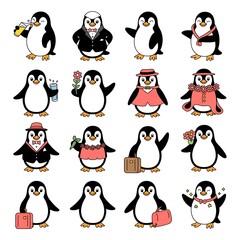 Obraz premium Cartoon Penguins with Various Outfits and Accessories Featuring Drinks, Suits, Flowers, Luggage and Accessories for a Whimsical Vibe