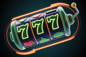Lucky 777 Slot Machine with Glowing Neon Lights and Colorful Symbols in Dark Background