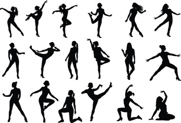 Female dancer silhouettes collection in dynamic elegant poses stylish black vector figures expressive dance motion isolated artistic body movement set woman graceful