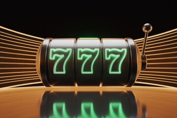 Lucky Jackpot with Glowing Green Sevens on a Classic Slot Machine in a Dramatic Black Background