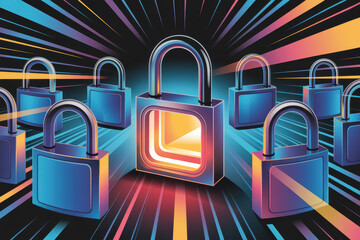 Secure Digital Future: Vibrant Illustration of Multiple Padlocks with Modern Geometric Rays in Cool Tones