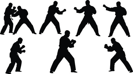Karate fighter silhouette, martial arts poses, combat training stance, self defense practice, karate sparring action, black belt training, sports illustration, martial arts competition