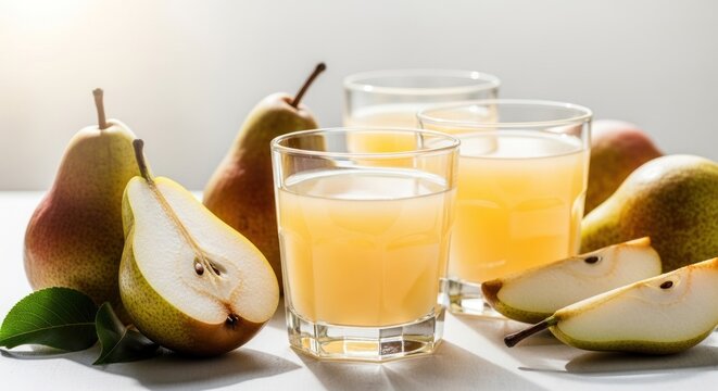 Fresh pear juice in glasses, surrounded by pears and slices