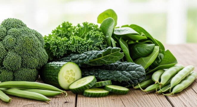Fresh green vegetables on a wooden table - Powered by Adobe
