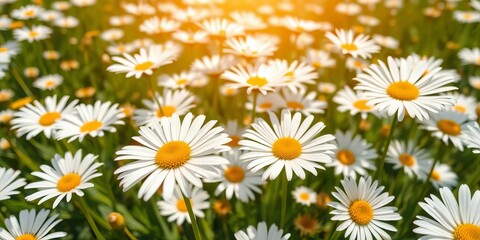 Fototapeta premium Seamless spring daisy field wallpaper vibrant white petals, green stems, sunny meadow, landscape, seamless