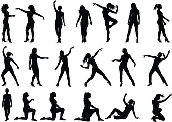 Dancing woman silhouettes in various poses stylish elegant female figures set motion performance vector dancers body language black art expressive isolated standing kneeling