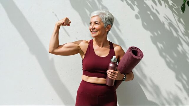 Mature woman flexing bicep muscle showing fitness strength after workout holding yoga mat water bottle. Senior female displaying athletic achievement healthy lifestyle dedication exercise routine