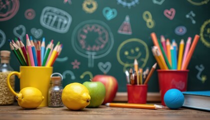 Bright chalkboard background with colorful doodles celebrates Teacher Appreciation Day. Pencils, apples, lemons, books symbolize education, learning. Lively scene captures joy of school, teacher