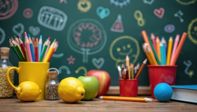 Bright chalkboard background with colorful doodles celebrates Teacher Appreciation Day. Pencils, apples, lemons, books symbolize education, learning. Lively scene captures joy of school, teacher