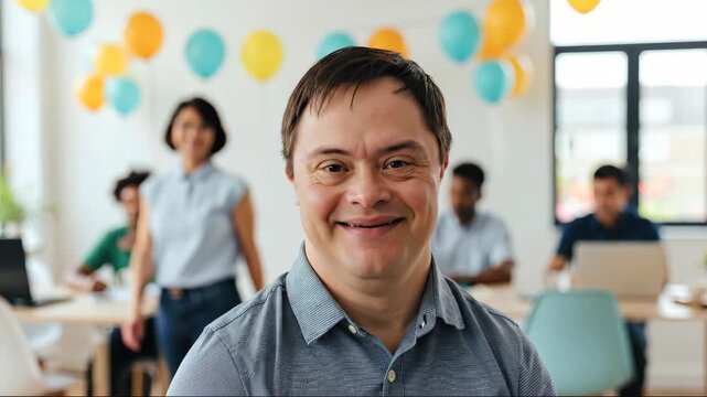 Happy man with down syndrome smiling in office workplace surrounded by diverse colleagues working at desks. Cheerful employee with developmental disability showing inclusion diversity