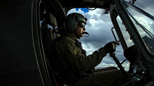 Military helicopter pilot wearing headset flying aircraft through cloudy sky during operational mission. Aviator controlling rotorcraft navigation systems while operating defense equipment