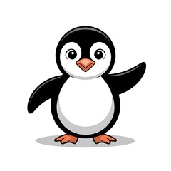 Fototapeta premium Cute Cartoon Penguin Waving Hand with a Happy Expression Standing Comfortably on a Bright White Background Displaying its Simplicity