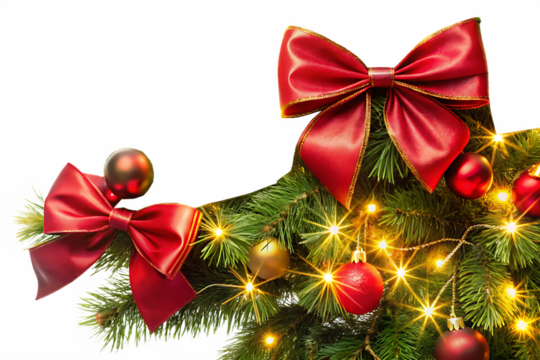 Christmas tree branch with red bows, ornaments, and warm lights, isolated on transparent background