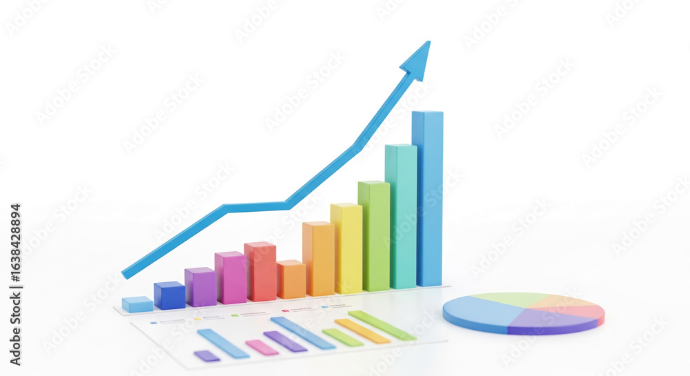 Poster colorful bar graph and pie chart with upward-pointing arrow, illustrating growth and progress in bus