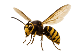 Close-up of a European hornet with yellow and black stripes flying against a white background, detailed insect photography