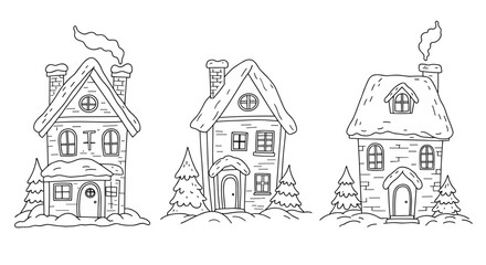 Doodle outline of three different snow-covered houses in winter  