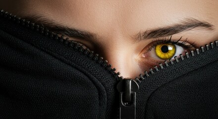 Close-up of woman's intense yellow eyes peeking from behind a black zipped hoodie.