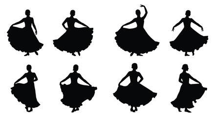 Elegant Flamenco Dancer Poses in Silhouette Style on White Background silhouette