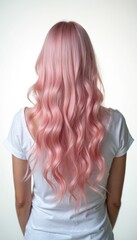 Obraz premium Back view of person with long, wavy pink hair wearing a white top. Pastel hair color creates a soft, feminine look. Trendy style implies youth, confidence, and modern glamour.